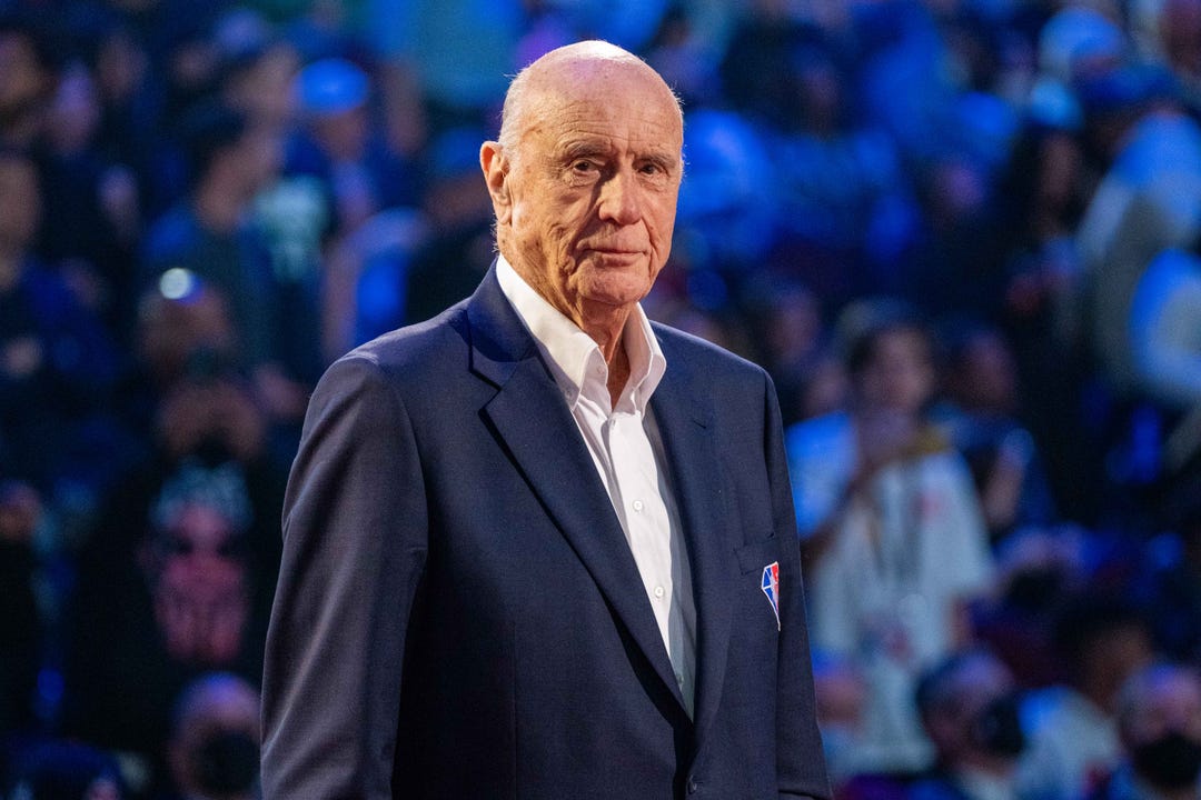 NBA great Bob Pettit is honored for being selected to the NBA's 75th Anniversary Team during halftime of the 2022 NBA All-Star Game on Feb. 20, 2022.