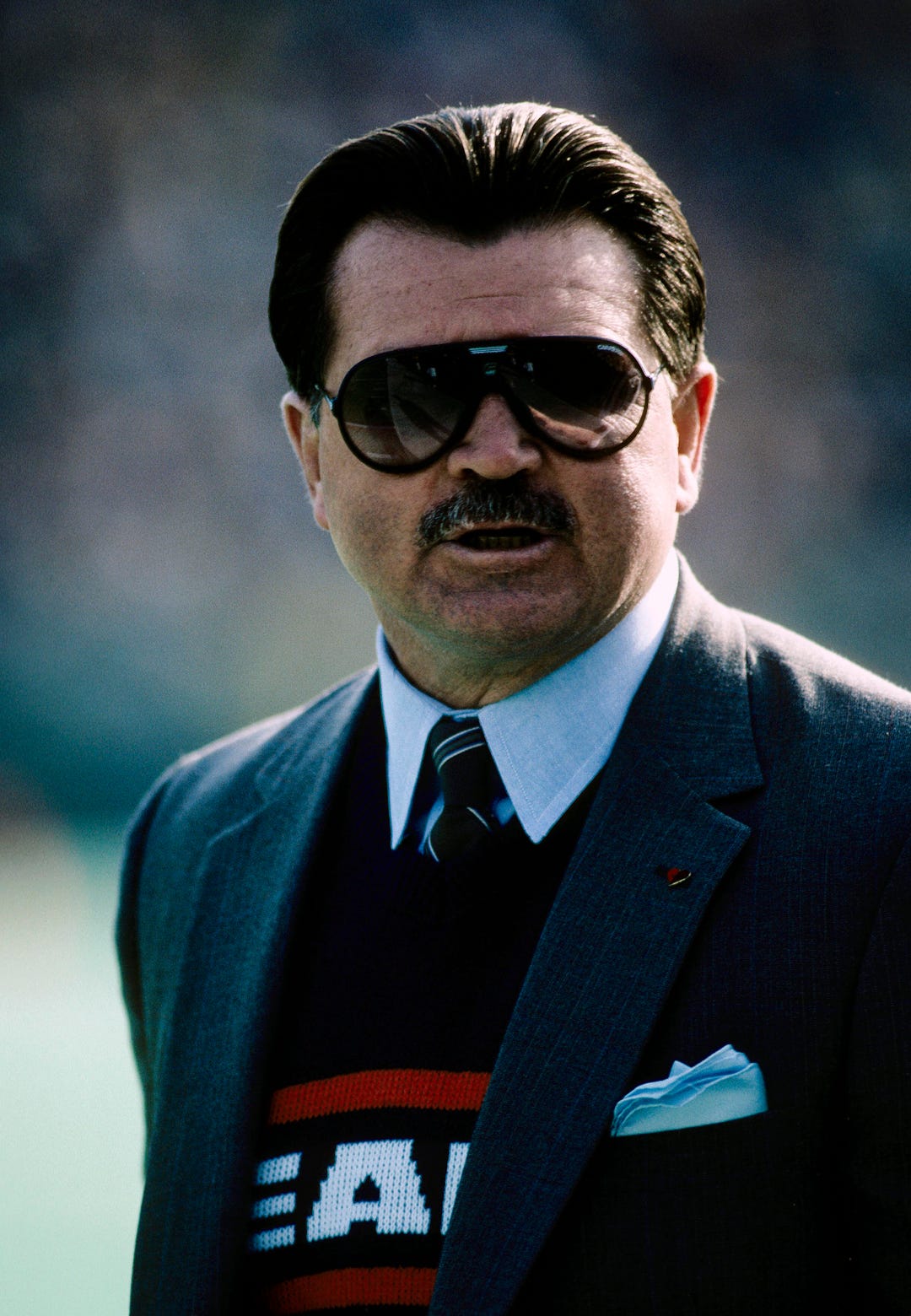 Chicago Bears head coach Mike Ditka on the sidelines against the Detroit Lions at Soldier Field. Mandatory Credit: Malcolm Emmons-USA TODAY Sports
