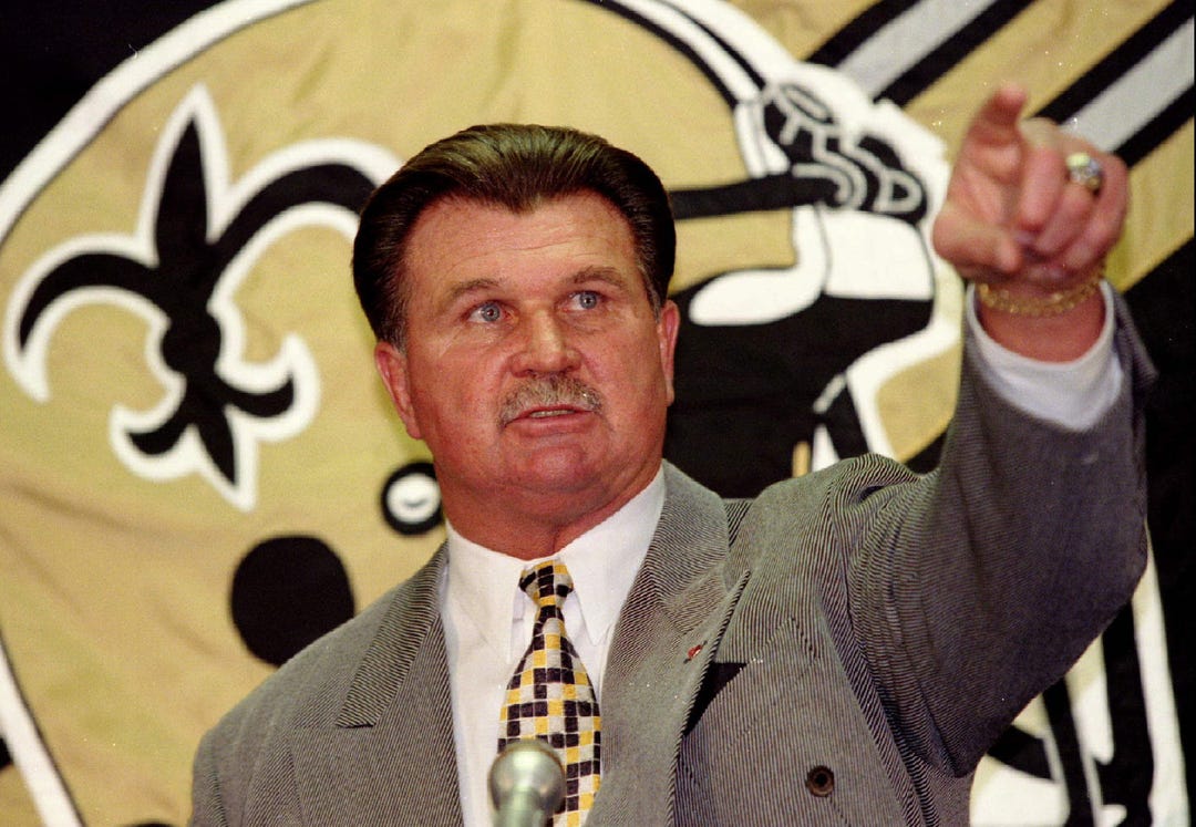 Former Chicago Bears head coach Mike Ditka takes questions during a press conference announcing him as the new head coach of the New Orleans Saints January 28. The Saints have failed to win a single playoff game since joining the NFL in 1967.