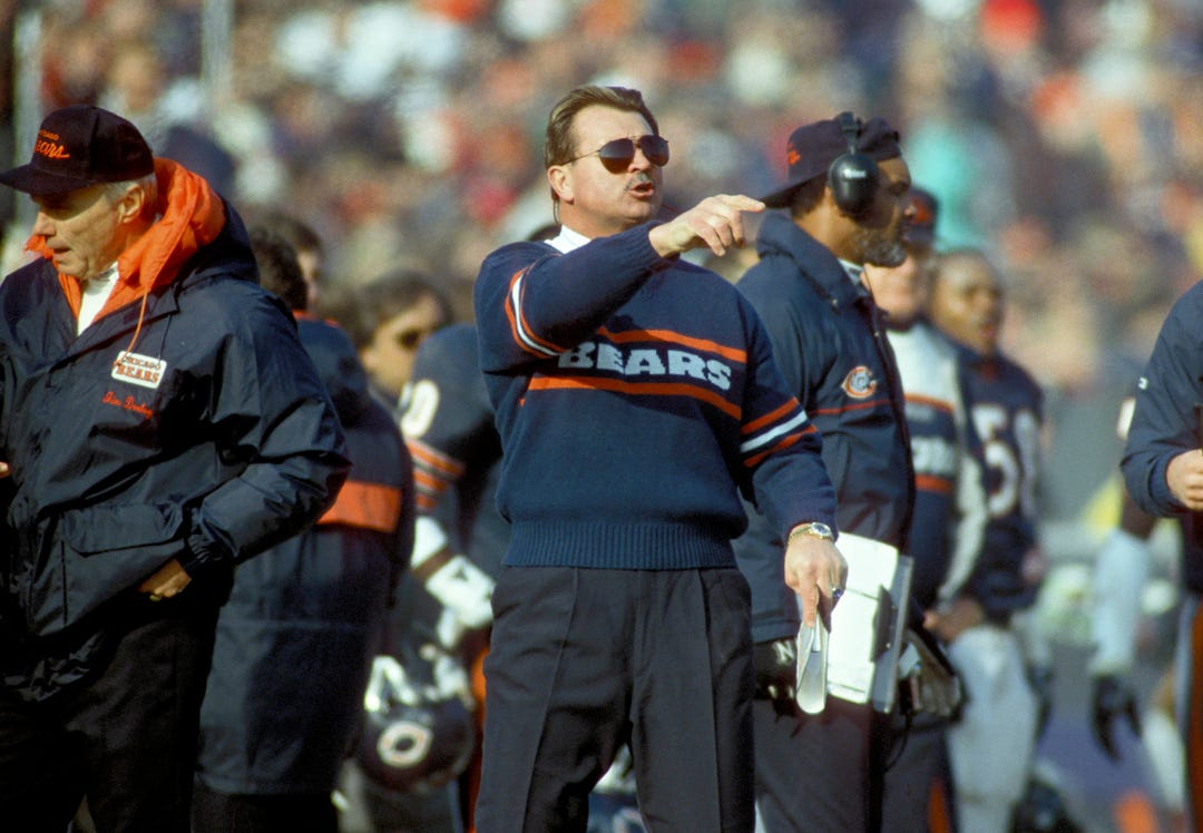 Chicago Bears head coach Mike Ditka on the sidlelines against the Philadelphia Eagles during the 1988 NFC Divisional Playoff game at Solider Field. The Bears defeated the Eagles 20-12 in what was deemed to be the Fog Bowl.