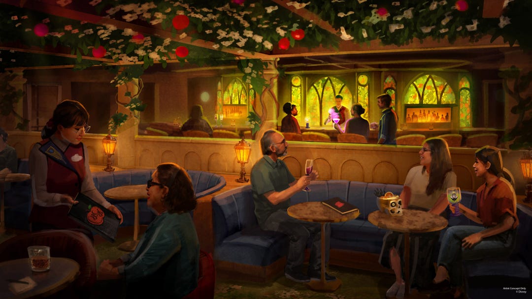 The "Snow White"-inspired Wishing Well lounge will evoke a castle courtyard aboard the Disney Believe.