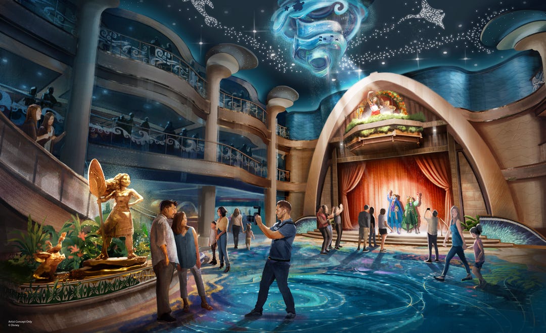 The Grand Hall on the Disney Believe will be inspired by the Pacific Islands and feature a bronze statue of "Moana" as well as a massive chandelier that mimics the ocean's movement and holds the Heart of Te Fiti.