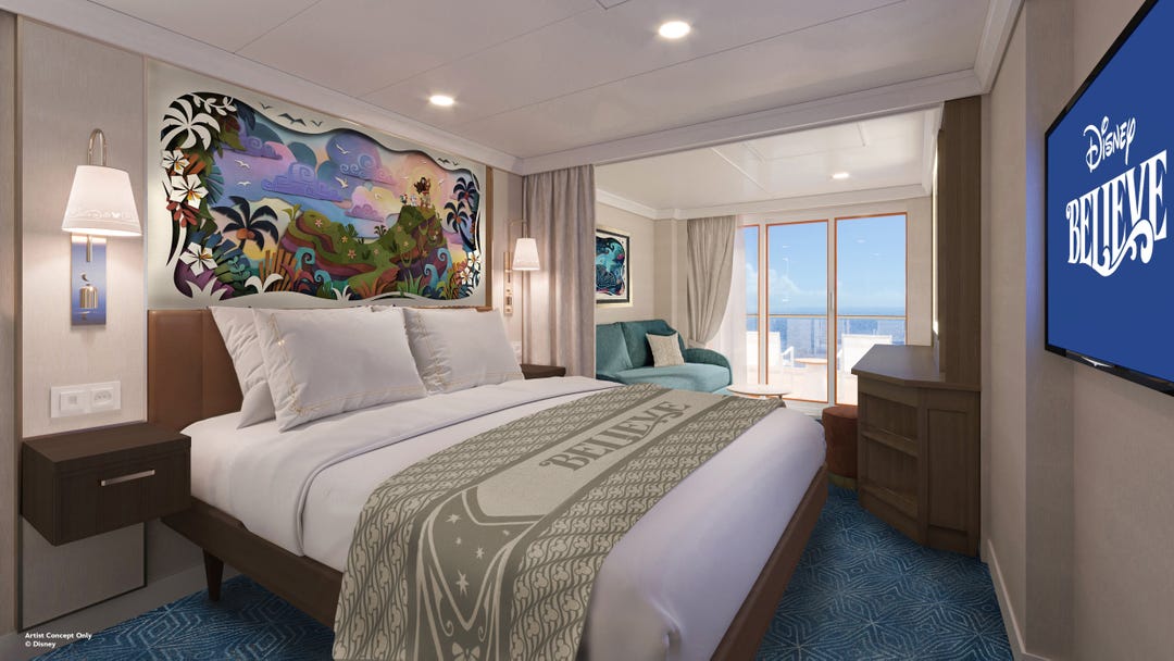 The verandah rooms on the Disney Believe look like they'll be similar to staterooms on other Wish class ships, but with different Disney animation-inspired art.