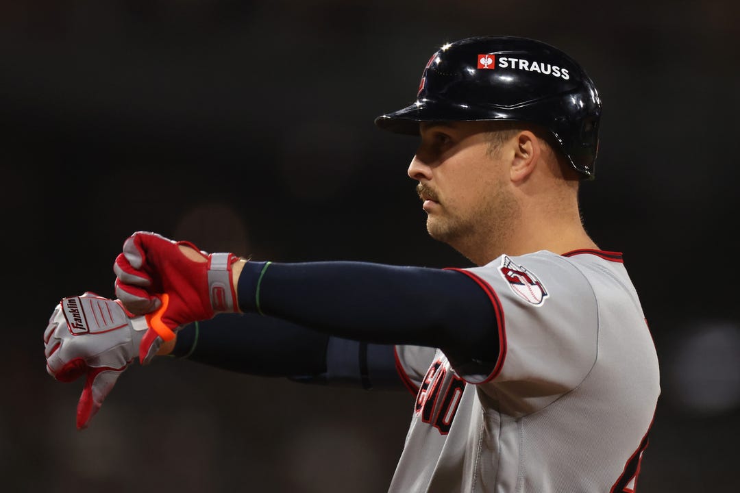 Nathaniel Lowe #46 of the Cleveland Guardians celebrates a single during the fourth inning against the Chicago White Sox in game four of the American League Division Series at Rate Field on October 08, 2026 in Chicago, Illinois.