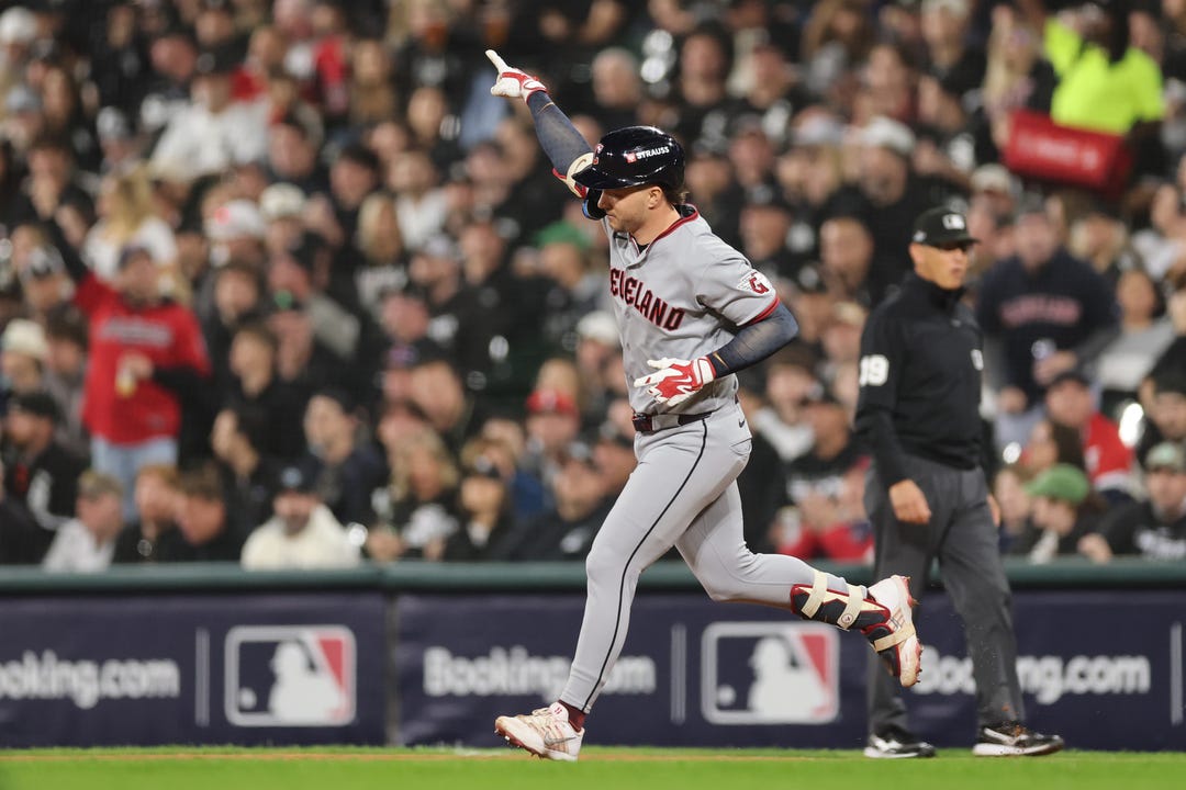 Patrick Bailey #16 of the Cleveland Guardians hits a home run during the fifth inning against the Chicago White Sox in game four of the American League Division Series at Rate Field on October 08, 2026 in Chicago, Illinois.
