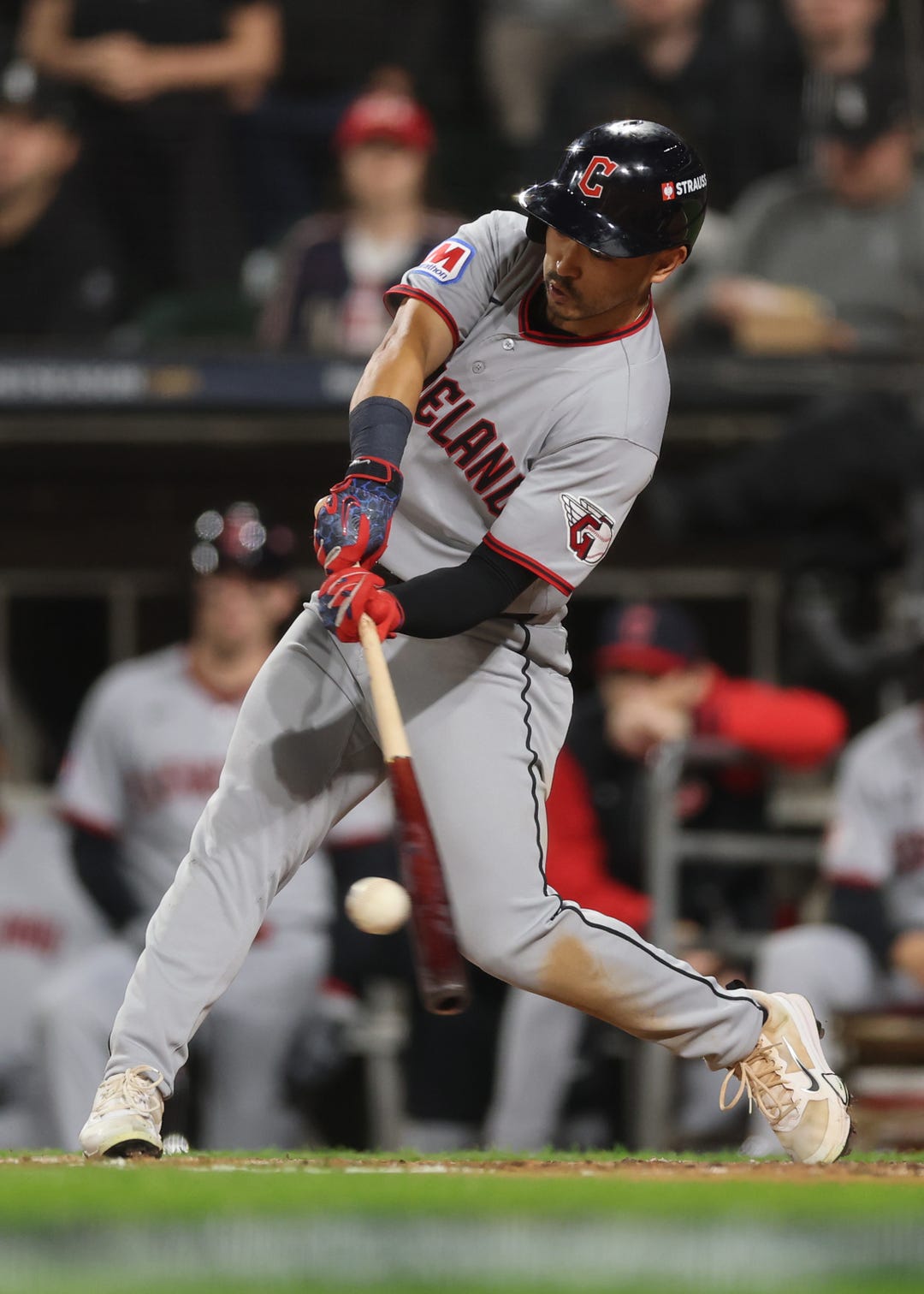 Steven Kwan #38 of the Cleveland Guardians hits a single during the fifth inning against the Chicago White Sox in game four of the American League Division Series at Rate Field on October 08, 2026 in Chicago, Illinois.