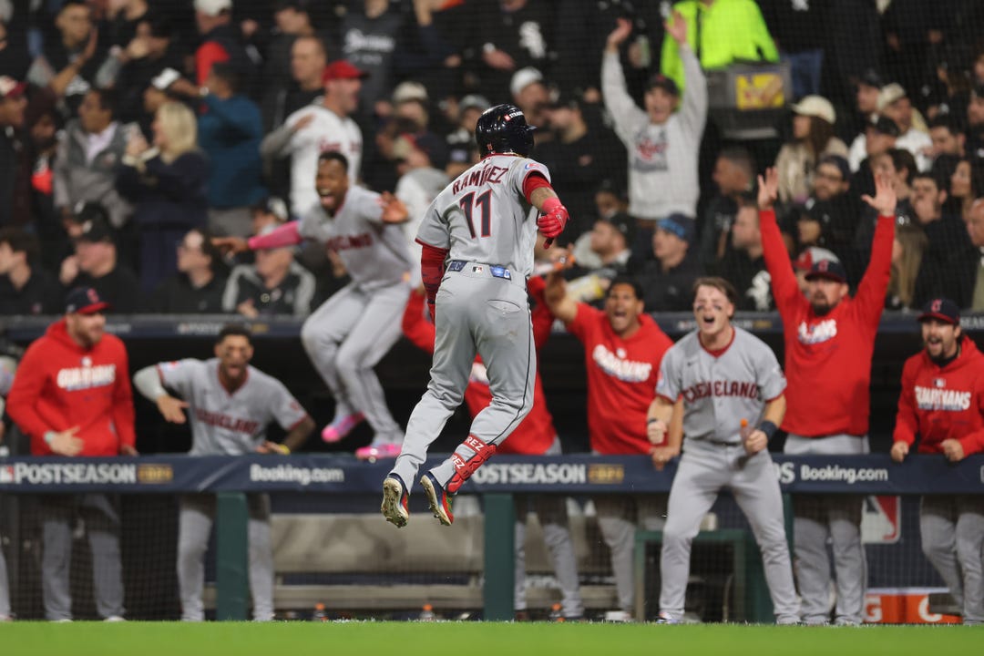 José Ramírez #11 of the Cleveland Guardians celebrates hitting a home run during the fifth inning against the Chicago White Sox in game four of the American League Division Series at Rate Field on October 08, 2026 in Chicago, Illinois.