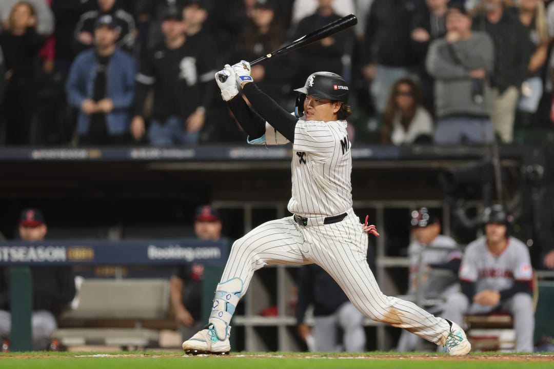 Munetaka Murakami #5 of the Chicago White Sox hits a single during the fifth inning against the Cleveland Guardians in game four of the American League Division Series at Rate Field on October 08, 2026 in Chicago, Illinois.