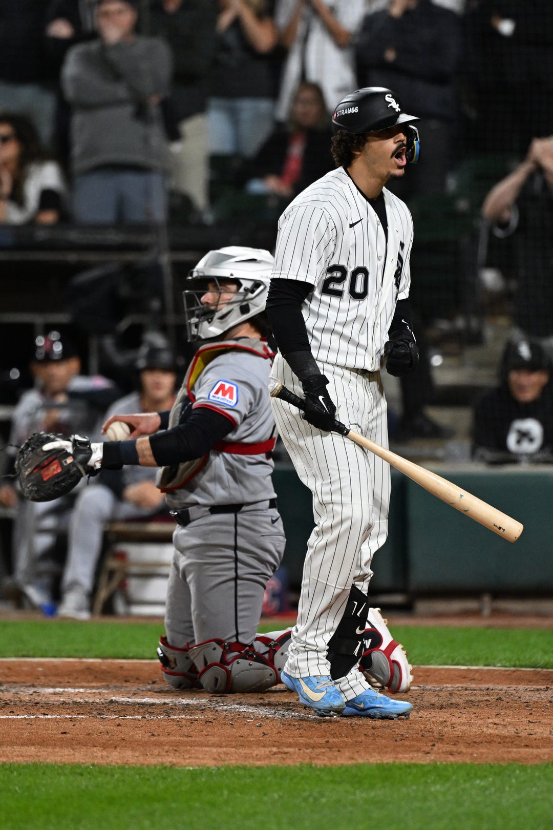Chicago White Sox third baseman Miguel Vargas (20) reacts after being walked to load the bases during the third inning against the Cleveland Guardians in game four of the ALDS for the 2026 MLB Playoffs at Rate Field.