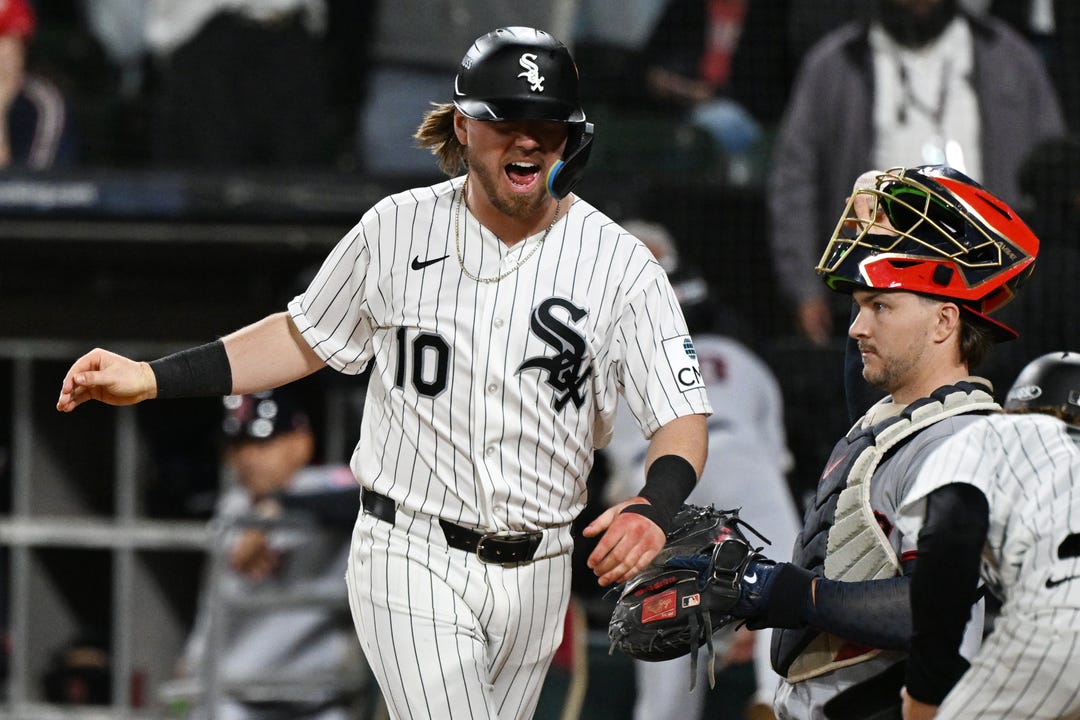 Chicago White Sox second baseman Chase Meidroth (10) celebrates after scoring during the fifth inning against the Cleveland Guardians in game four of the ALDS for the 2026 MLB Playoffs at Rate Field.
