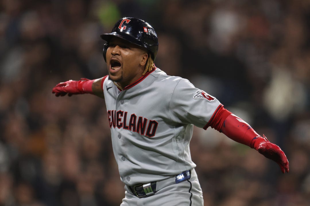 José Ramírez #11 of the Cleveland Guardians celebrates hitting a home run during the fifth inning against the Chicago White Sox in game four of the American League Division Series at Rate Field on October 08, 2026 in Chicago, Illinois.