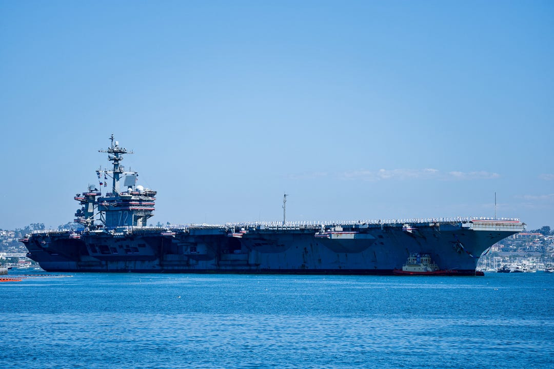 The US Navy Nimitz-class aircraft carrier USS Abraham Lincoln returns home following an extended deployment in the Middle East at Naval Base Coronado in San Diego, California, on Oct. 8, 2026.