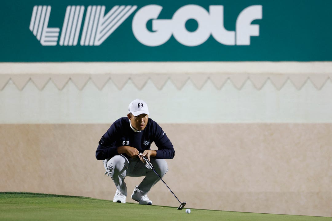 Byeong Hun An in action during the first round of play at LIV Golf Riyadh at the Riyadh Golf Club.