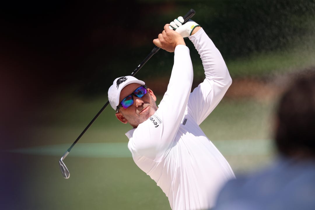 Sergio Garcia plays his shot on the seventeenth hole from the eighth hole during the second round of the Masters Tournament at Augusta National Golf Club.