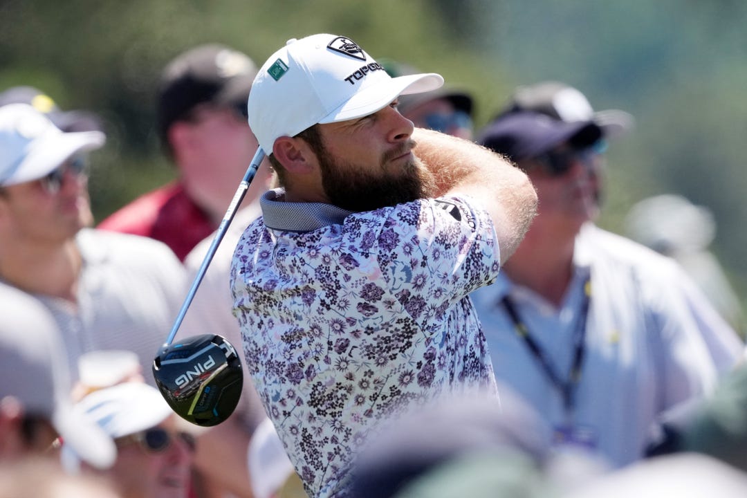 Tyrrell Hatton tees off on the first hole during the third round of the Masters Tournament at Augusta National Golf Club.