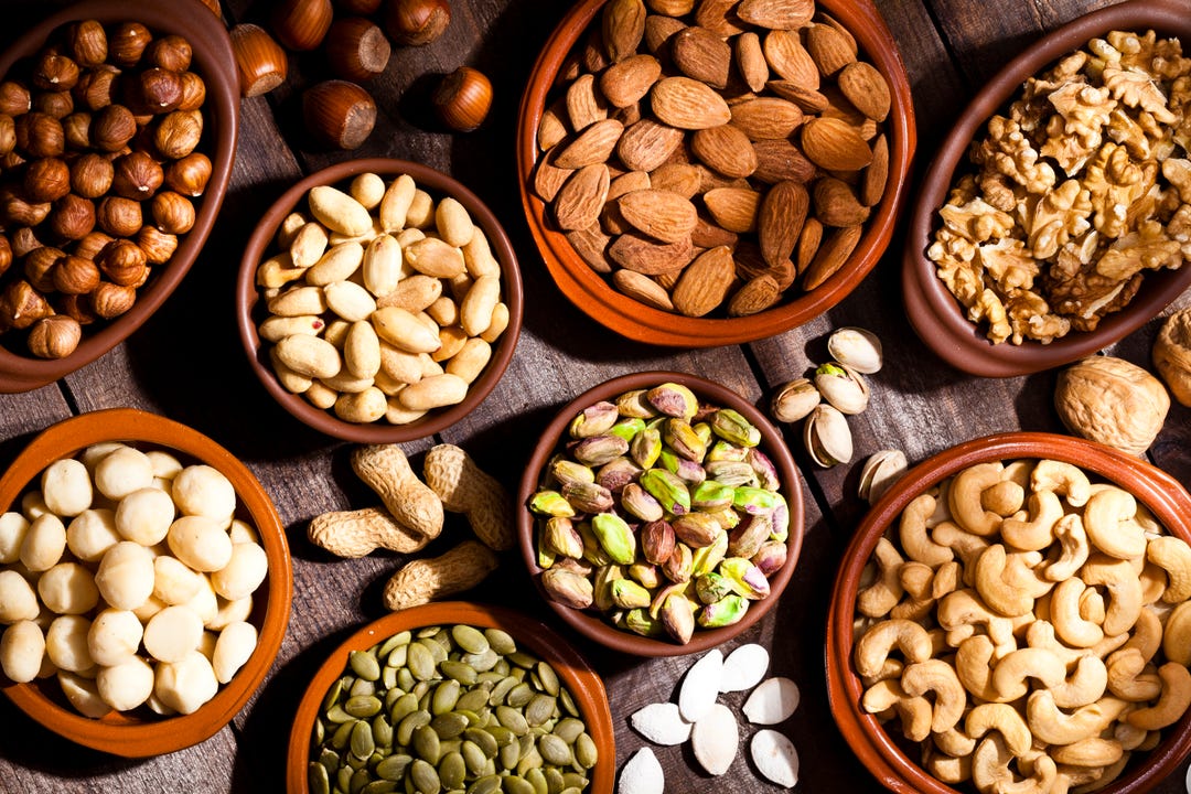Nuts and seeds: Flaxseeds, chia seeds, almonds, walnuts, pine nuts, sesame seeds, sunflower seeds, pumpkin seeds, pistachios, pecans, hazelnuts, macadamia nuts, cashews, hemp hearts